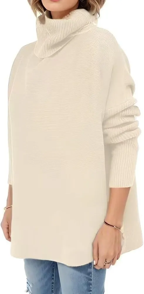 Womens Oversized Turtleneck Sweater Slit Hem Jumper Tops 2023 Fall Loose Long Batwing Chunky Knit Sweater Tops