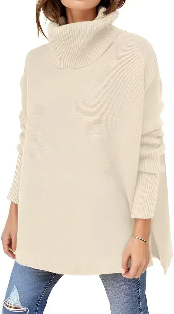 Womens Oversized Turtleneck Sweater Slit Hem Jumper Tops 2023 Fall Loose Long Batwing Chunky Knit Sweater Tops