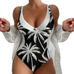 Womens Padded Swimsuits One Piece Slimming Tummy Control Bathing Suit V Neck Color Block Athletic Modest Swimwear