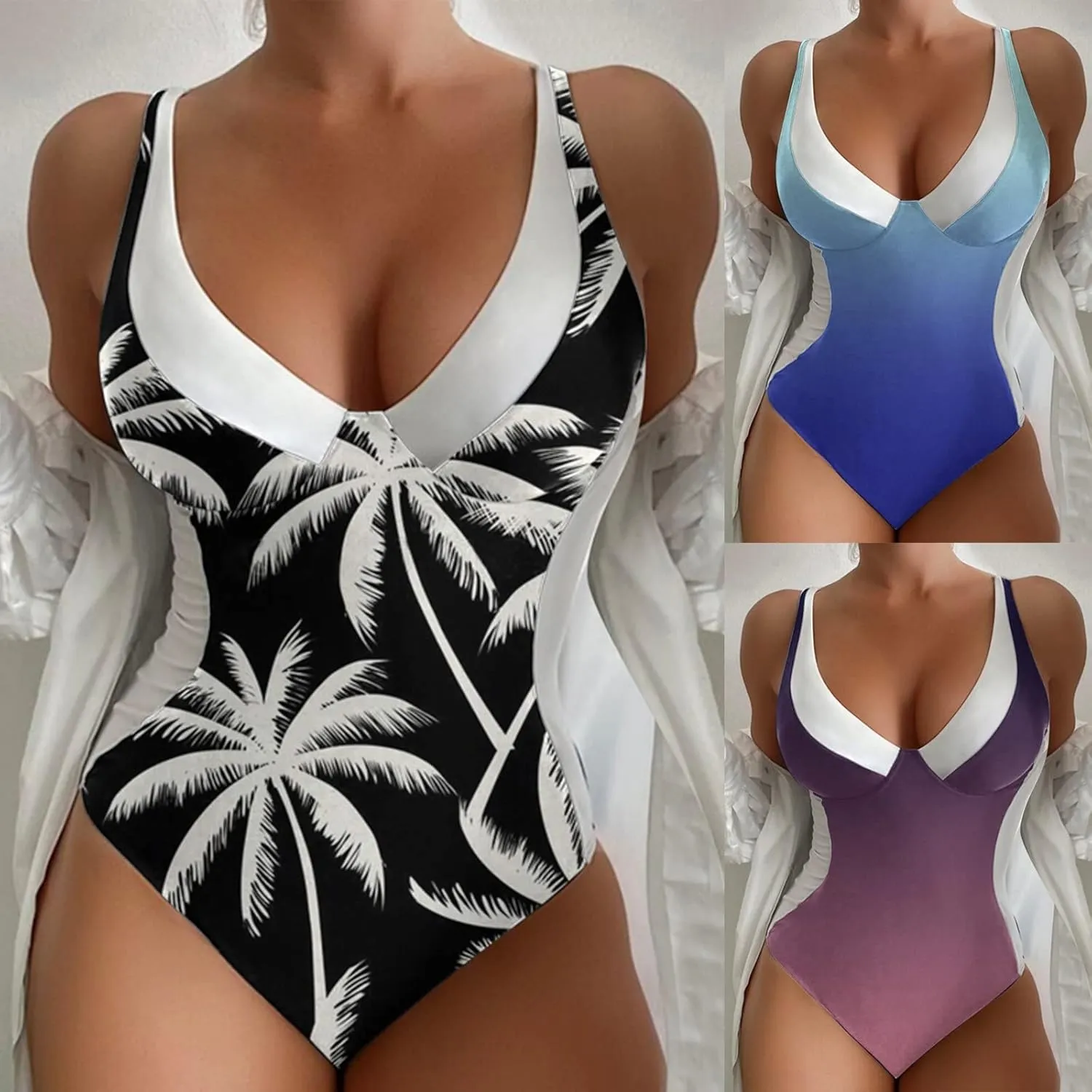 Womens Padded Swimsuits One Piece Slimming Tummy Control Bathing Suit V Neck Color Block Athletic Modest Swimwear