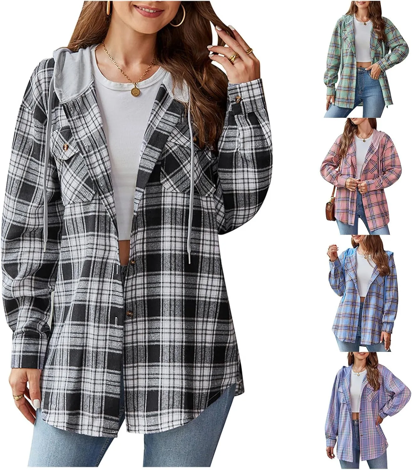 Womens Plaid Hooded Jacket Oversized Long Sleeve Button Down Flannel Shirts Boyfriend Casual Blouse Tops