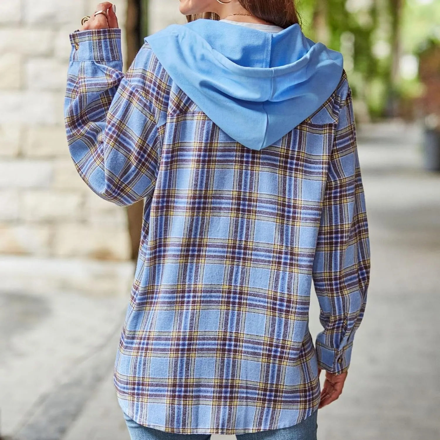 Womens Plaid Hooded Jacket Oversized Long Sleeve Button Down Flannel Shirts Boyfriend Casual Blouse Tops