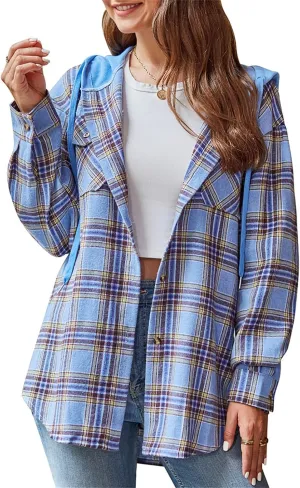 Womens Plaid Hooded Jacket Oversized Long Sleeve Button Down Flannel Shirts Boyfriend Casual Blouse Tops