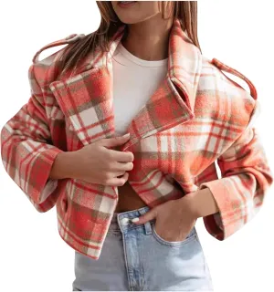 Women's Plaid Lapel Double Breasted Wool Blend Coat Business Blazer Jackets 2024 Fall Winter Trendy Cropped Pea Coats