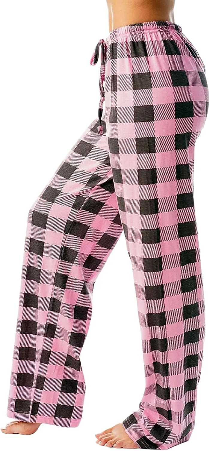 Women's Plaid Pants Drawstring Elastic Waist Trousers Casual Loose Straight Leg Pants Wide Leg Pants Pajama Pants