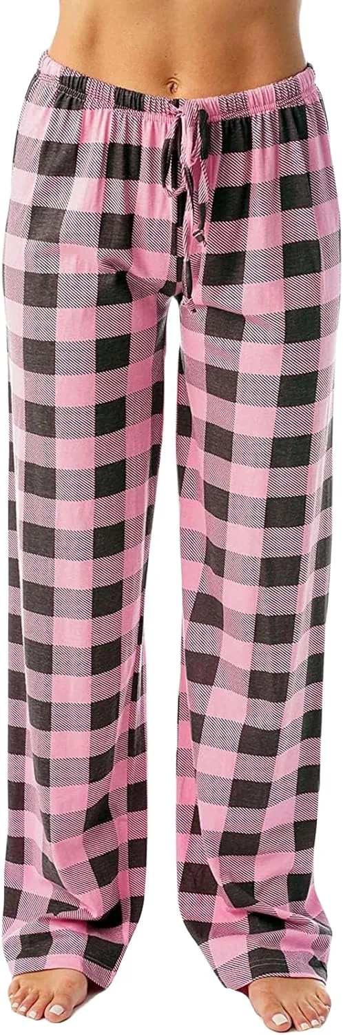 Women's Plaid Pants Drawstring Elastic Waist Trousers Casual Loose Straight Leg Pants Wide Leg Pants Pajama Pants