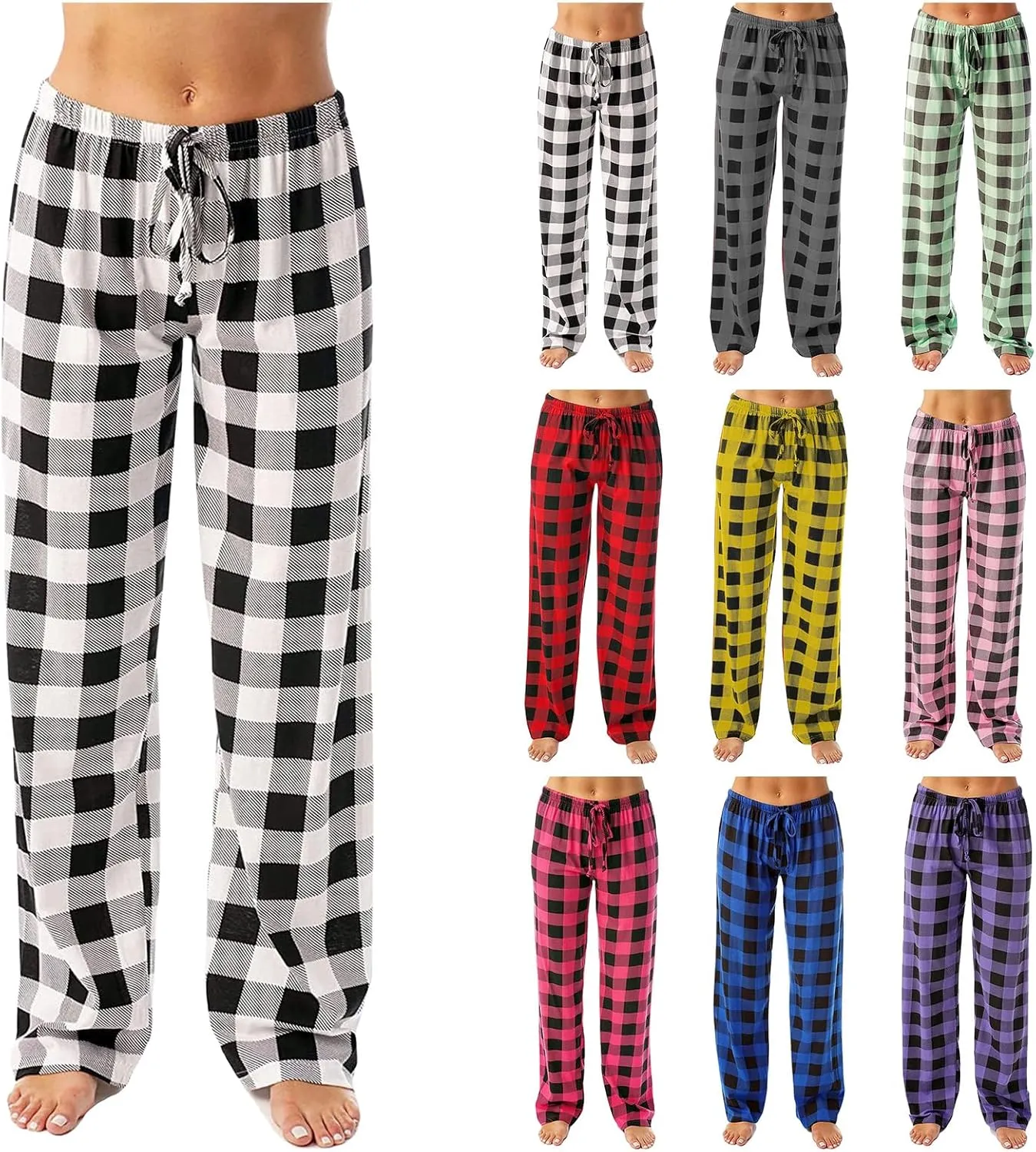 Women's Plaid Pants Drawstring Elastic Waist Trousers Casual Loose Straight Leg Pants Wide Leg Pants Pajama Pants