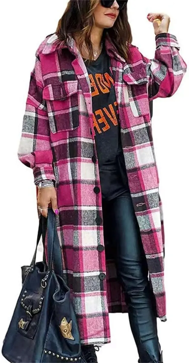 Women's Plaid Shacket Jacket Long Sleeve Flannel Long Shirt Coat Lapel Button Up Lounge Tartan Outerwear with Pockets