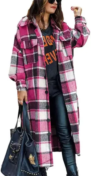 Women's Plaid Shacket Jacket Long Sleeve Flannel Long Shirt Coat Lapel Button Up Lounge Tartan Outerwear with Pockets
