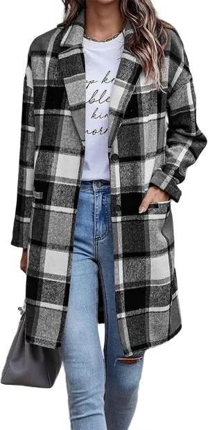 Womens Plaid Wool Pea Coat Button Down Corduroy Shacket Casual Lapel Flannel Trench Coats