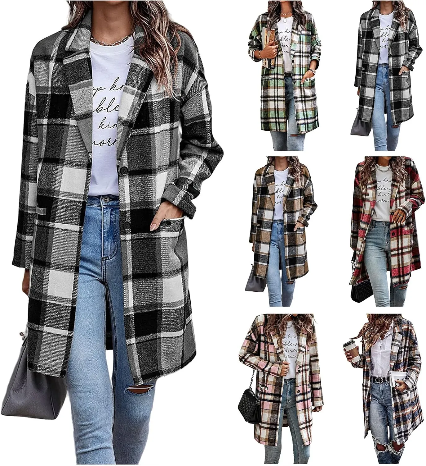 Womens Plaid Wool Pea Coat Button Down Corduroy Shacket Casual Lapel Flannel Trench Coats