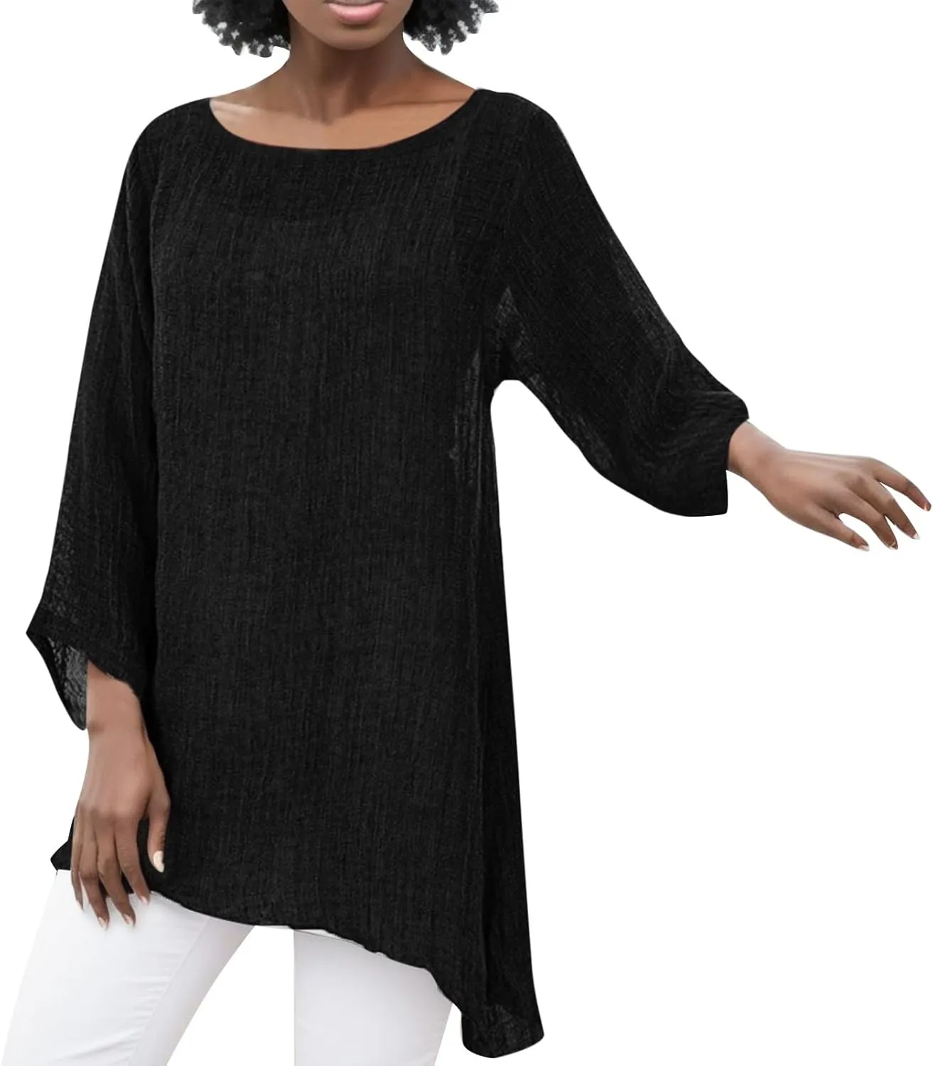 Womens Plus Size Long Sleeve Tops Irregular Hem Baggy Crew Neck Linen Tee Shirt Ladies Summer Casual Tunic Blouse