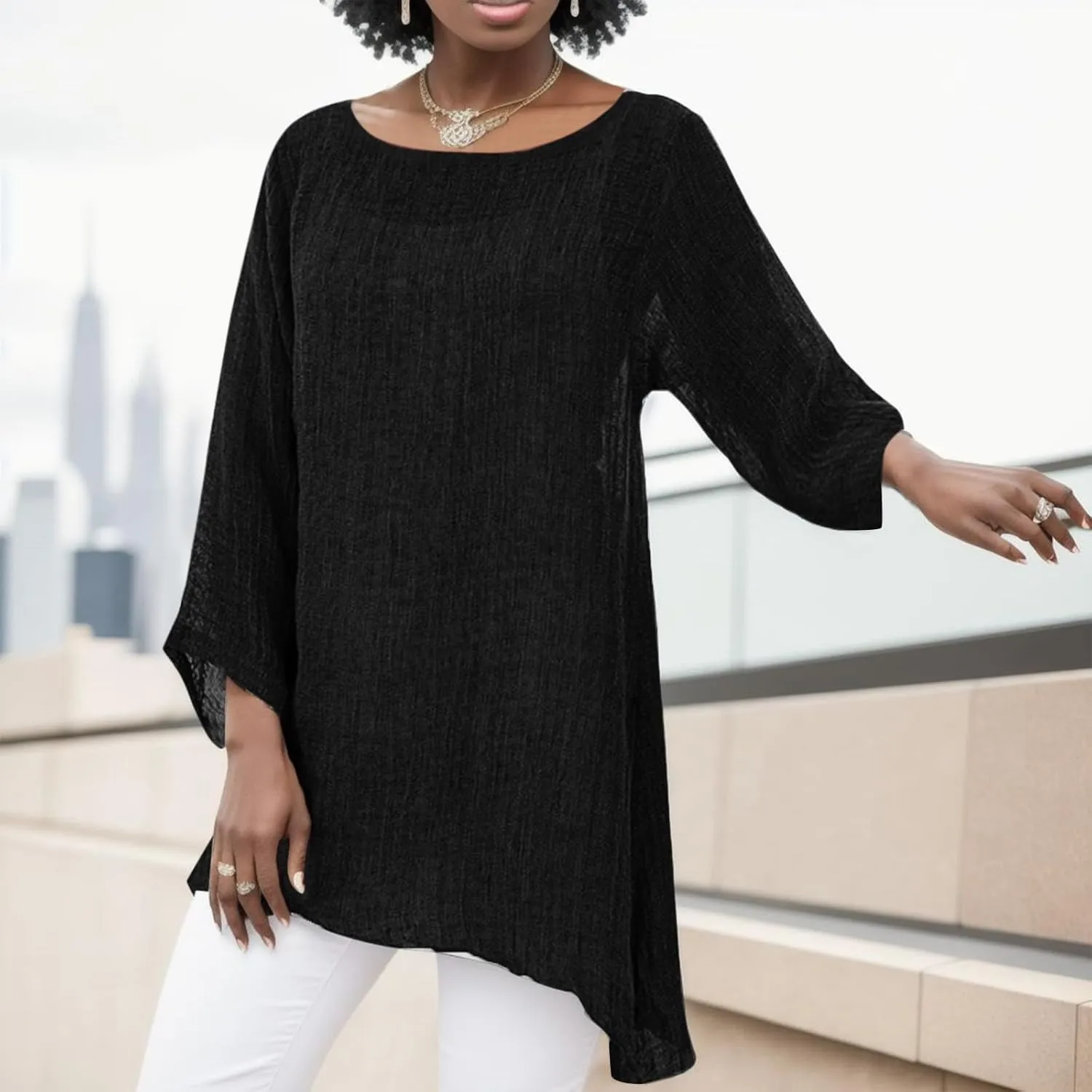 Womens Plus Size Long Sleeve Tops Irregular Hem Baggy Crew Neck Linen Tee Shirt Ladies Summer Casual Tunic Blouse