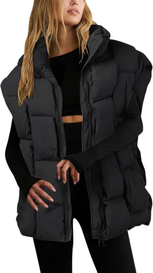 Womens Puffer Vest Oversized Down Jacket Stand Collar Lightweight Warm Winter Coat Sleeveless Zip Up Bubble Outwear