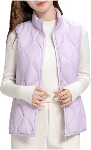Womens Quilted Vest Lightweight Puffer Jackets Casual Stand Collar Coats Winter Warm Gilet Down Coat with Pockets