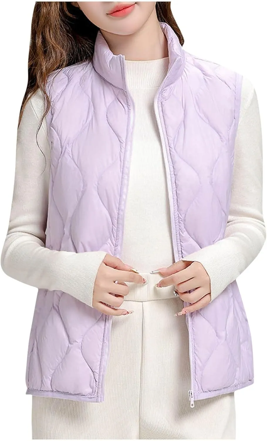 Womens Quilted Vest Lightweight Puffer Jackets Casual Stand Collar Coats Winter Warm Gilet Down Coat with Pockets