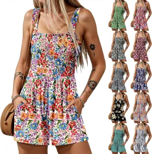 Womens Rompers for Summer 2025 Casual Smocked Ditsy Floral Overall Shorts Tropical Vacation Beach Romper with Pockets