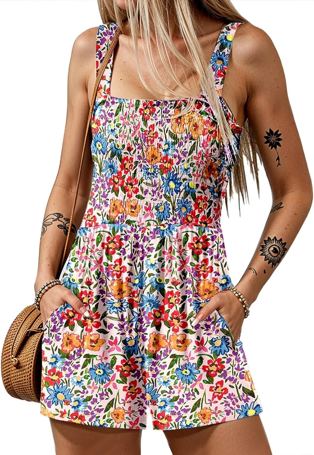 Womens Rompers for Summer 2025 Casual Smocked Ditsy Floral Overall Shorts Tropical Vacation Beach Romper with Pockets