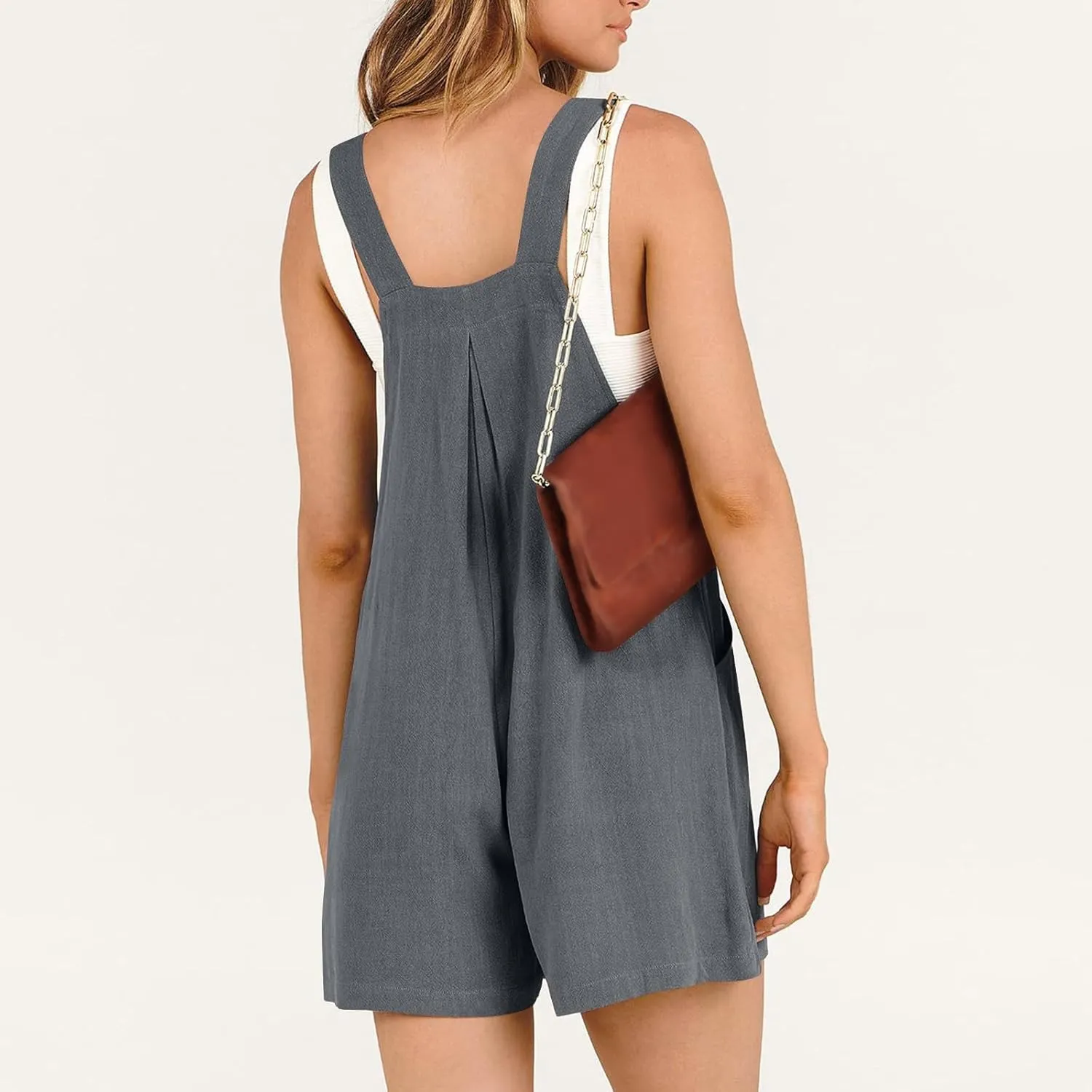 Womens Rompers for Summer Baggy Wide Leg Shorts Linen Overalls Button Adjustable Straps Loose Bib Jumpsuits w/Pockets
