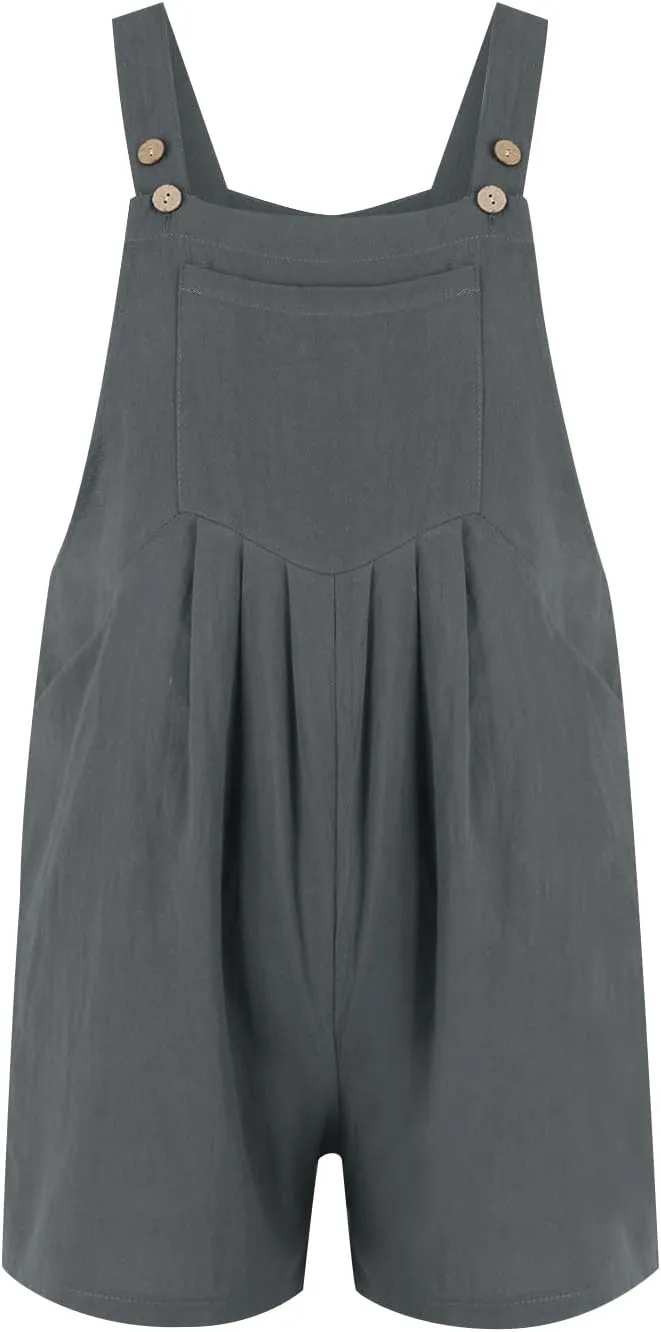 Womens Rompers for Summer Baggy Wide Leg Shorts Linen Overalls Button Adjustable Straps Loose Bib Jumpsuits w/Pockets