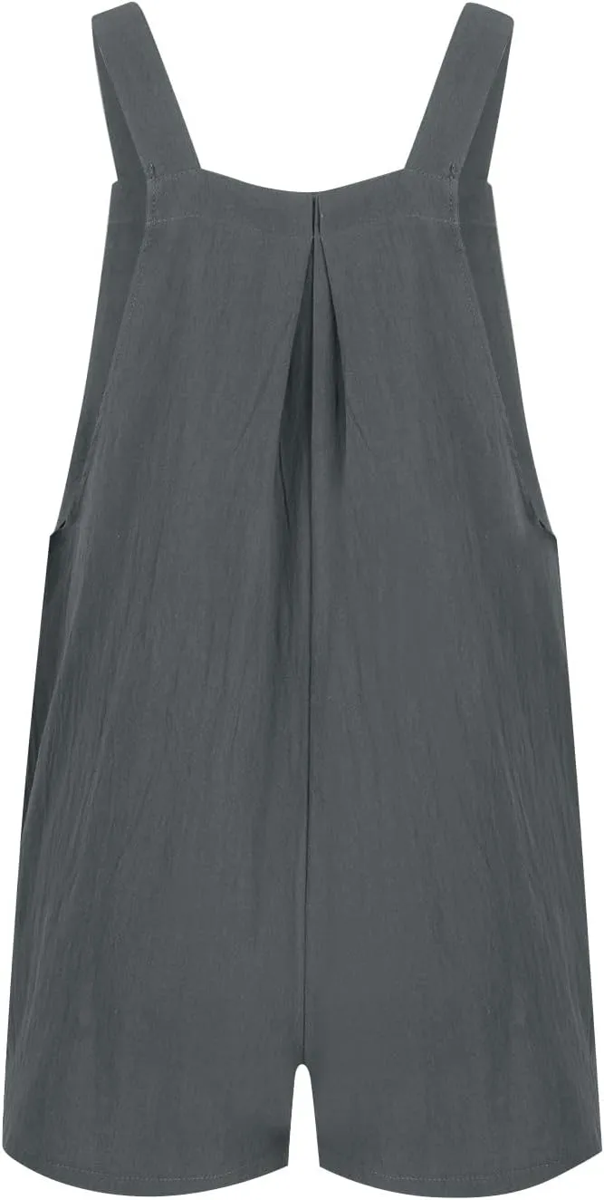 Womens Rompers for Summer Baggy Wide Leg Shorts Linen Overalls Button Adjustable Straps Loose Bib Jumpsuits w/Pockets