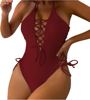 Women's Sexy One Piece Bathing Suits Modest V Neck Wrap Swimwear Supportive Slimming Tummy Control Vintage Swimsuit