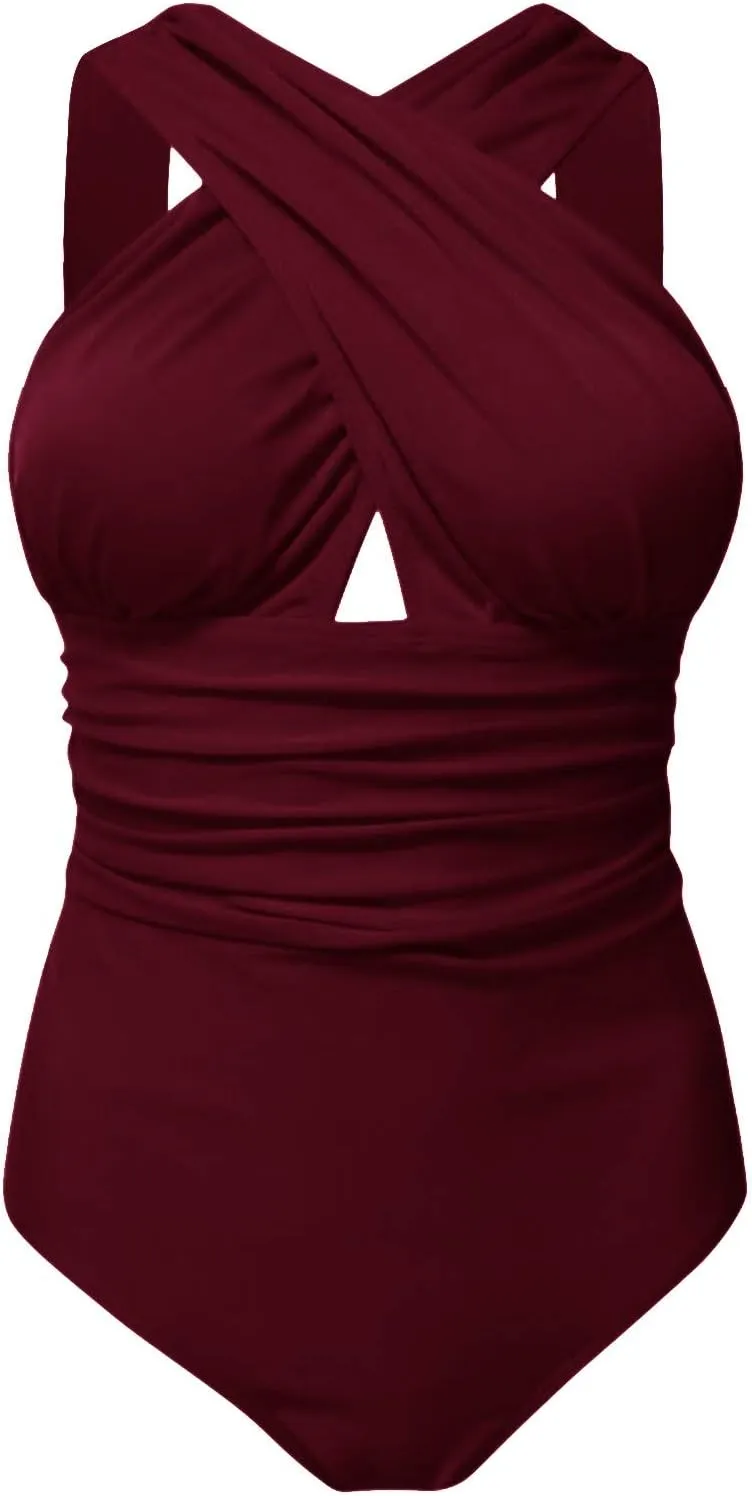 Women's Sexy One Piece Swimsuits Tummy Control Backless Cutout High Waisted Wrap Tie Back Plus Size Bathing Suits