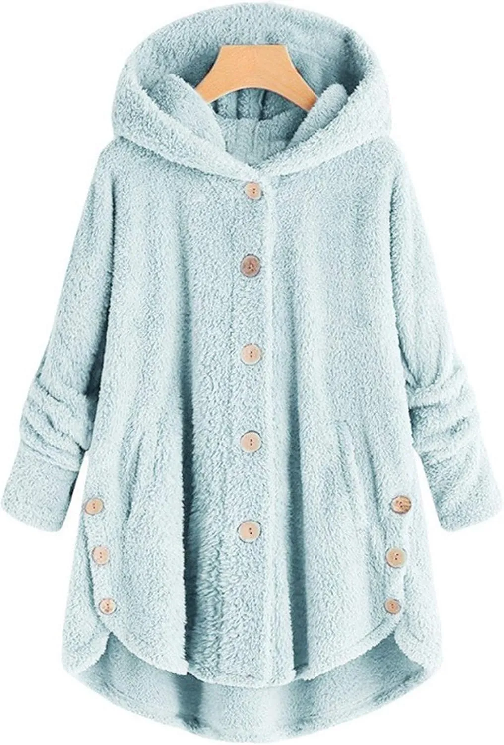 Women's Sherpa Coats Fuzzy Fleece Button Down Hooded Coat Plus Size Warm Long Sleeve Coats Loose Cardigan Cozy Coats