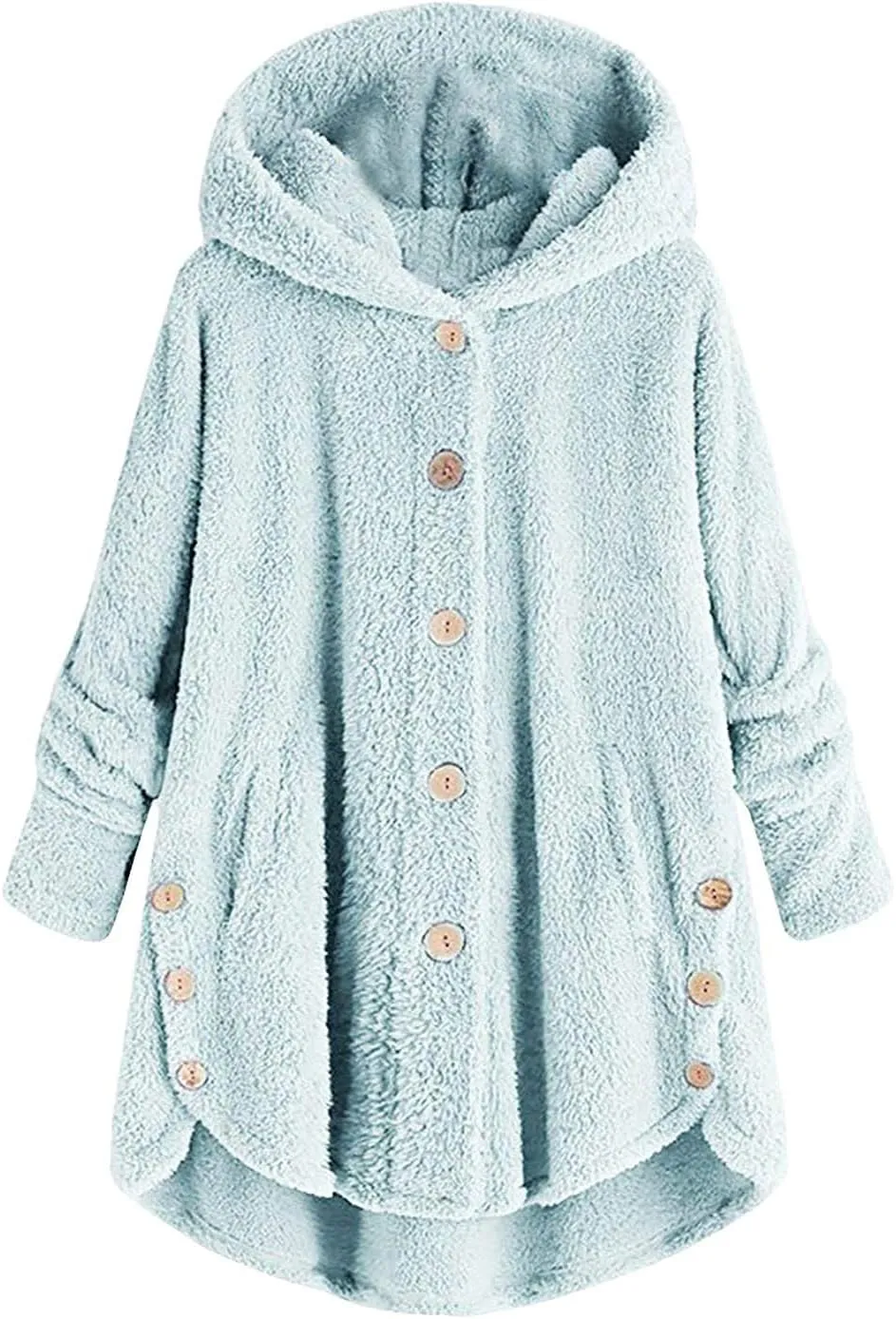 Women's Sherpa Coats Fuzzy Fleece Button Down Hooded Coat Plus Size Warm Long Sleeve Coats Loose Cardigan Cozy Coats