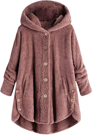 Women's Sherpa Coats Fuzzy Fleece Button Down Hooded Coat Plus Size Warm Long Sleeve Coats Loose Cardigan Cozy Coats