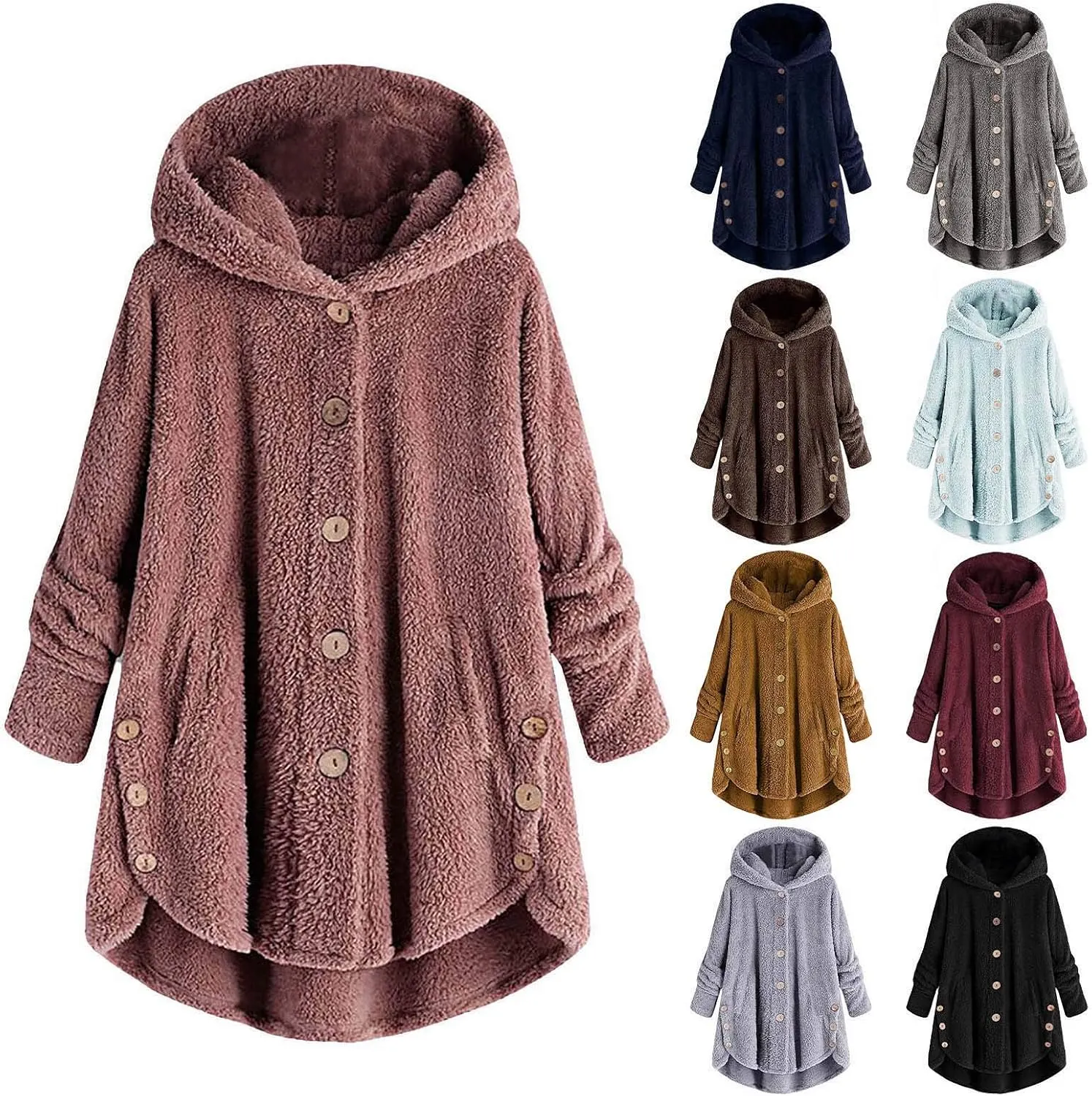 Women's Sherpa Coats Fuzzy Fleece Button Down Hooded Coat Plus Size Warm Long Sleeve Coats Loose Cardigan Cozy Coats
