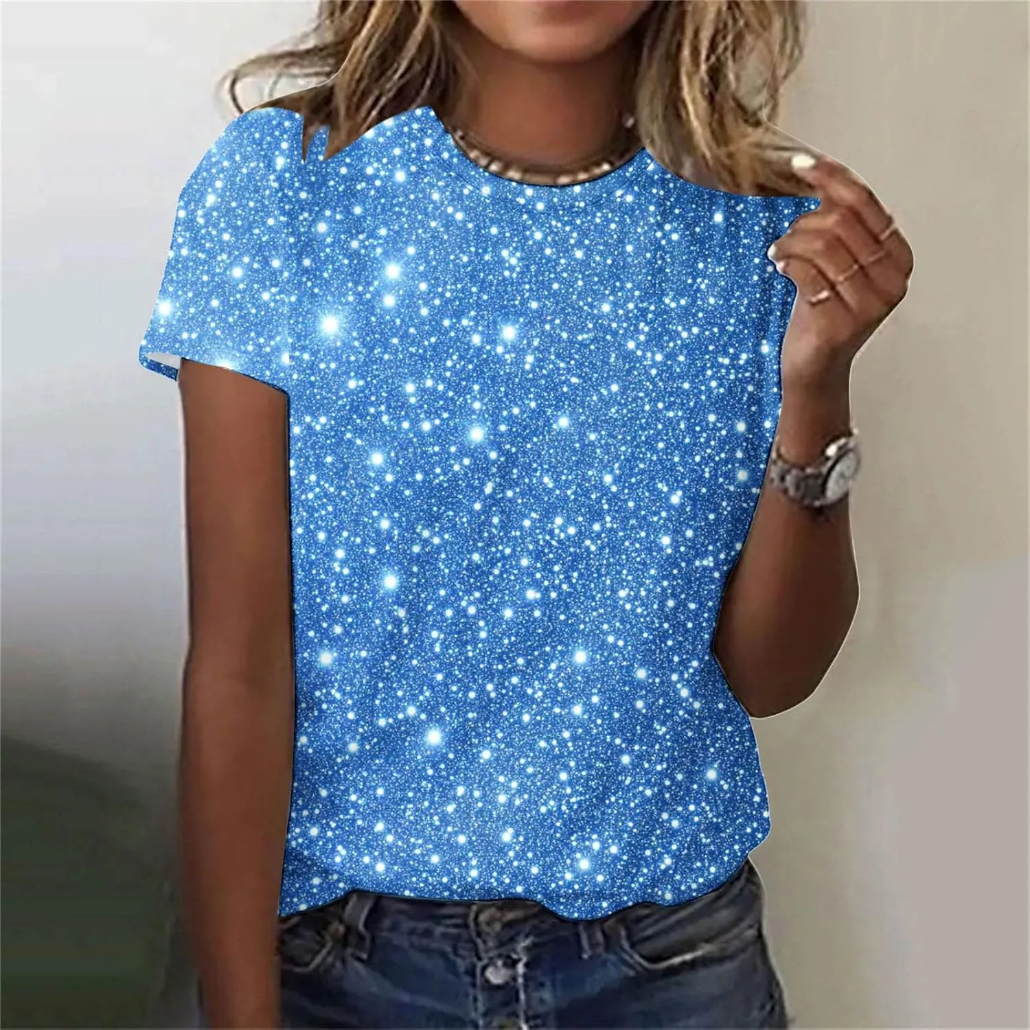 Women's Shiny Sequins Printed Basic Summer Tops Loose Fit Casual Short Sleeve T Shirts Crewneck Trendy Sparkle Blouse
