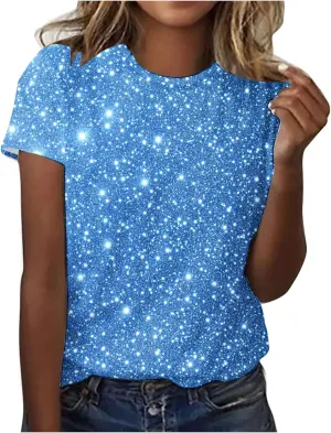 Women's Shiny Sequins Printed Basic Summer Tops Loose Fit Casual Short Sleeve T Shirts Crewneck Trendy Sparkle Blouse