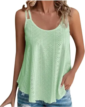 Womens Sleeveless Cami Tank Tops Eyelet Embroidery Spaghetti Strap Shirts 2025 Loose Summer Spring Outfits