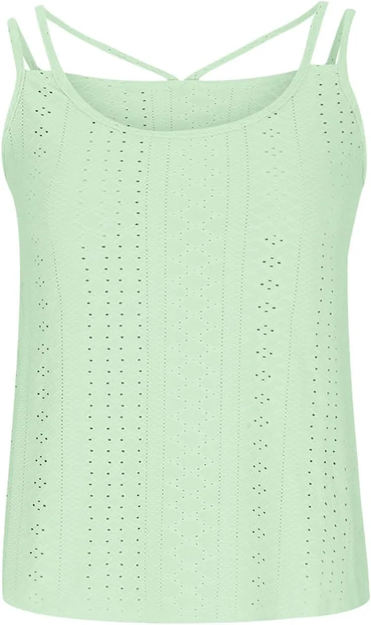 Womens Sleeveless Cami Tank Tops Eyelet Embroidery Spaghetti Strap Shirts 2025 Loose Summer Spring Outfits