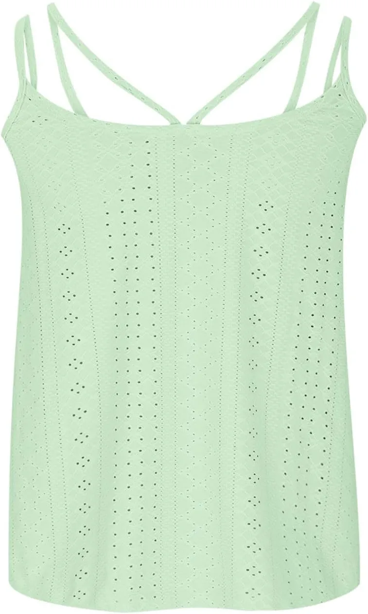 Womens Sleeveless Cami Tank Tops Eyelet Embroidery Spaghetti Strap Shirts 2025 Loose Summer Spring Outfits