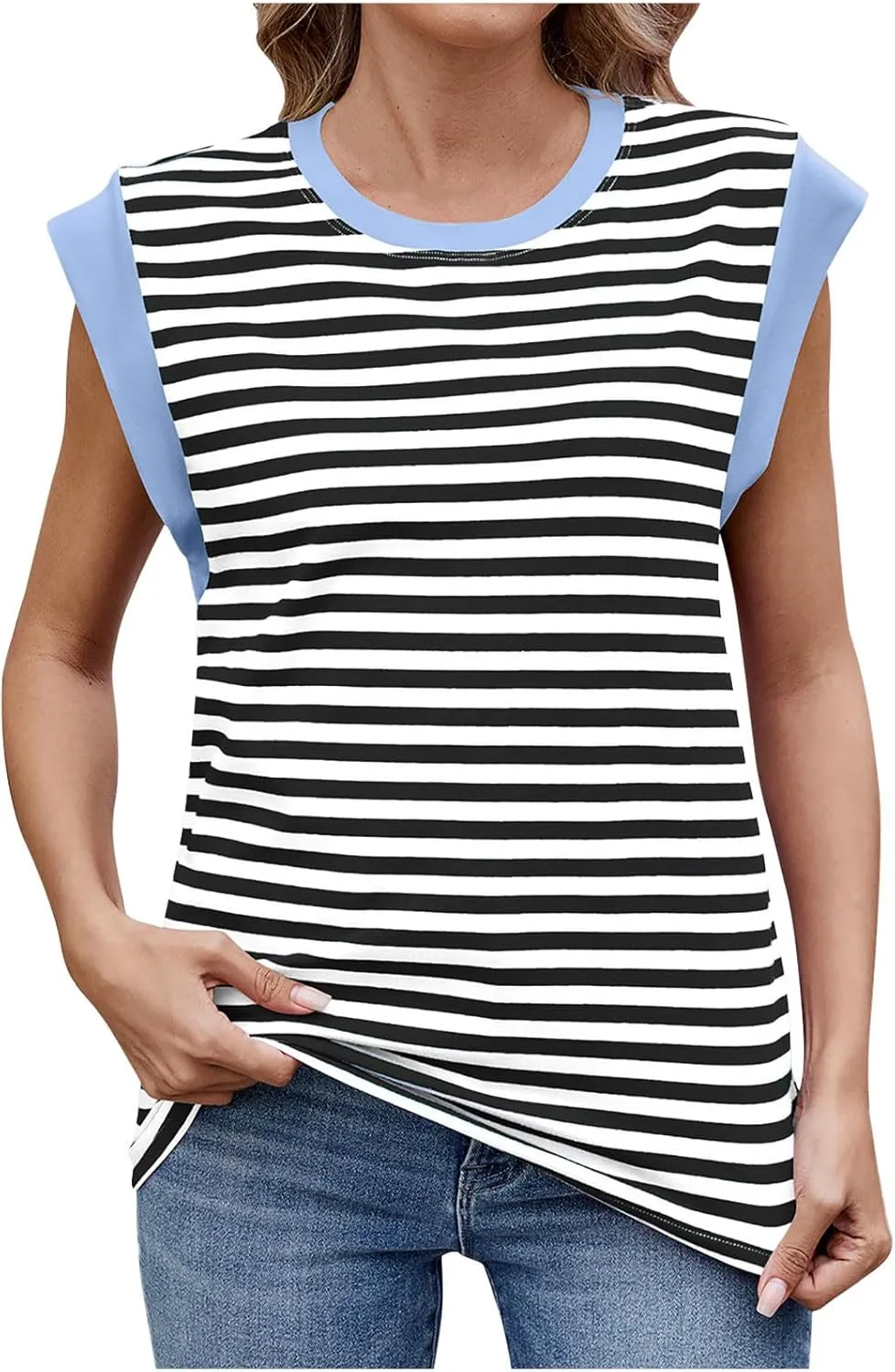 Womens Stripe Tank Tops Casual Trendy Crewneck Sleeveless Flying Sleeves Shirts 2025 Summer Beach Vacation Tank Tops