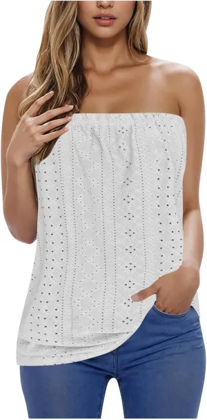 Womens Summer Tube Tops Casual Strapless Eyelet Bandeau Tanks Cute Off Shoulder Tunic Shirts Flowy Vacation Blouses