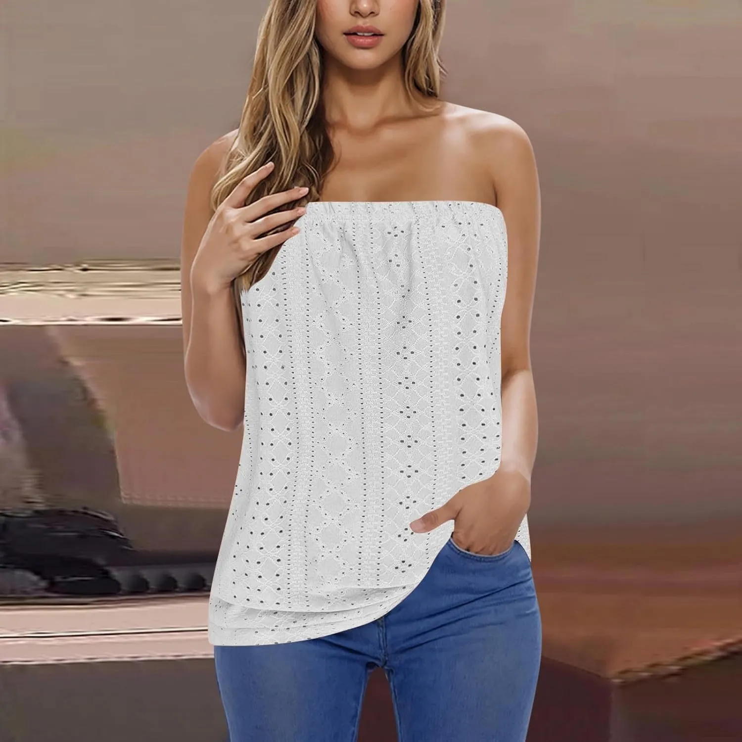 Womens Summer Tube Tops Casual Strapless Eyelet Bandeau Tanks Cute Off Shoulder Tunic Shirts Flowy Vacation Blouses