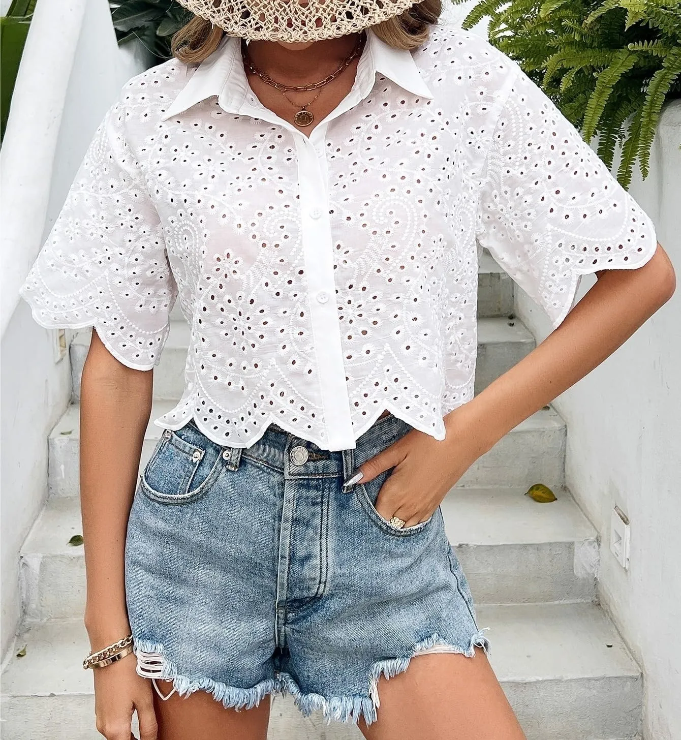 Womens Summer Work Blouse Embroidery Button Front Shirt Short Sleeve Tops Tops
