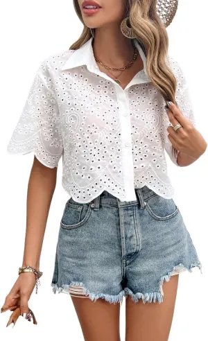 Womens Summer Work Blouse Embroidery Button Front Shirt Short Sleeve Tops Tops