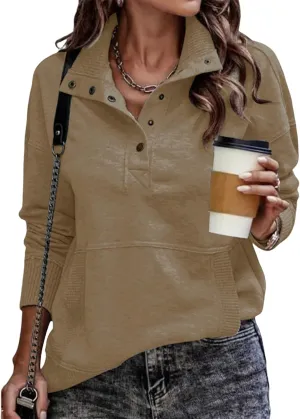 Womens Sweatshirt Henley Button V Neck Sweatshirt Casual Long Sleeve Loose Lightweight Tops 2025 Pullover Tunic Tops