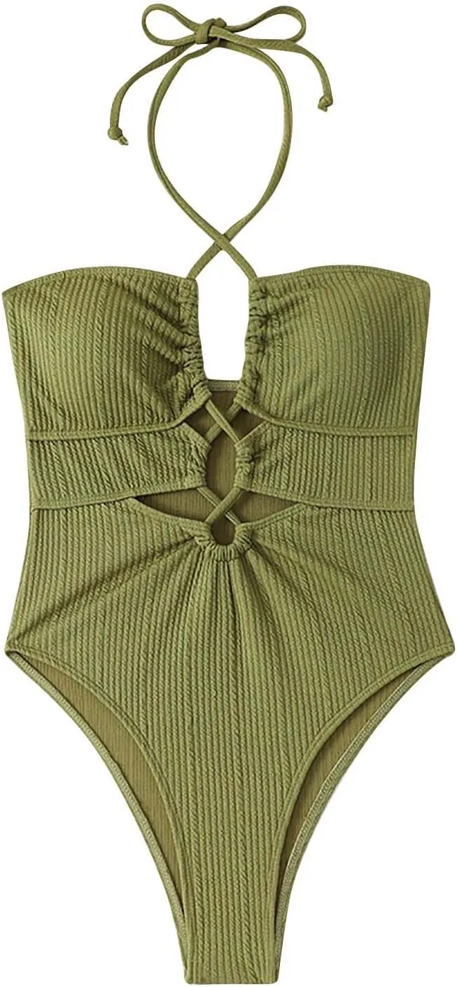 Womens Swim Suit Sexy One Piece Cutout Halter Bathing Suits Fashion Backless Tie Solid Color Tummy Control Swimsuits