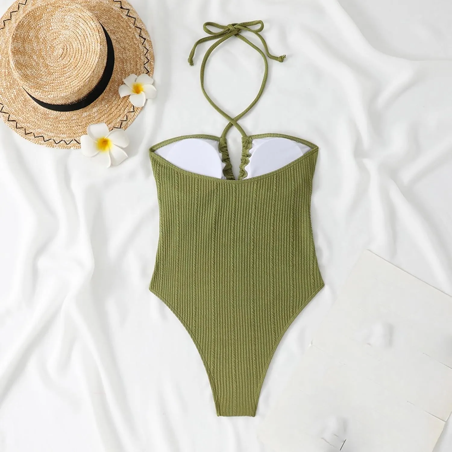 Womens Swim Suit Sexy One Piece Cutout Halter Bathing Suits Fashion Backless Tie Solid Color Tummy Control Swimsuits