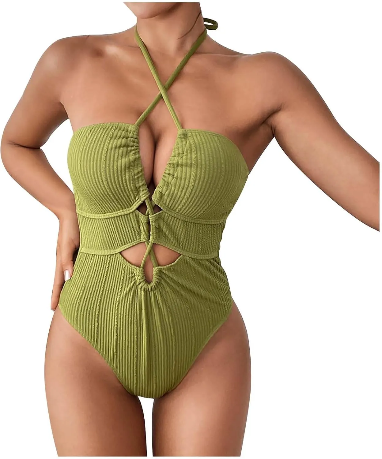 Womens Swim Suit Sexy One Piece Cutout Halter Bathing Suits Fashion Backless Tie Solid Color Tummy Control Swimsuits