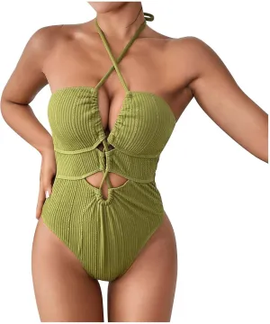 Womens Swim Suit Sexy One Piece Cutout Halter Bathing Suits Fashion Backless Tie Solid Color Tummy Control Swimsuits