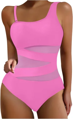 Womens Swimwear Fashion Mesh Patchwork One Shoulder Tummy Control Bathing Suits One Piece Padded Backless Swimsuits