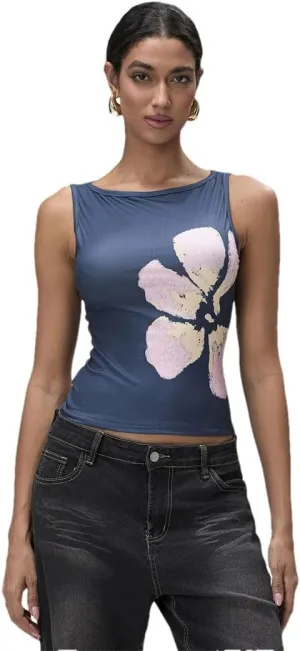 Women's Tank Tops Floral Print Boat Neck Sleeveless Vest Casual Cropped Tops Party Club