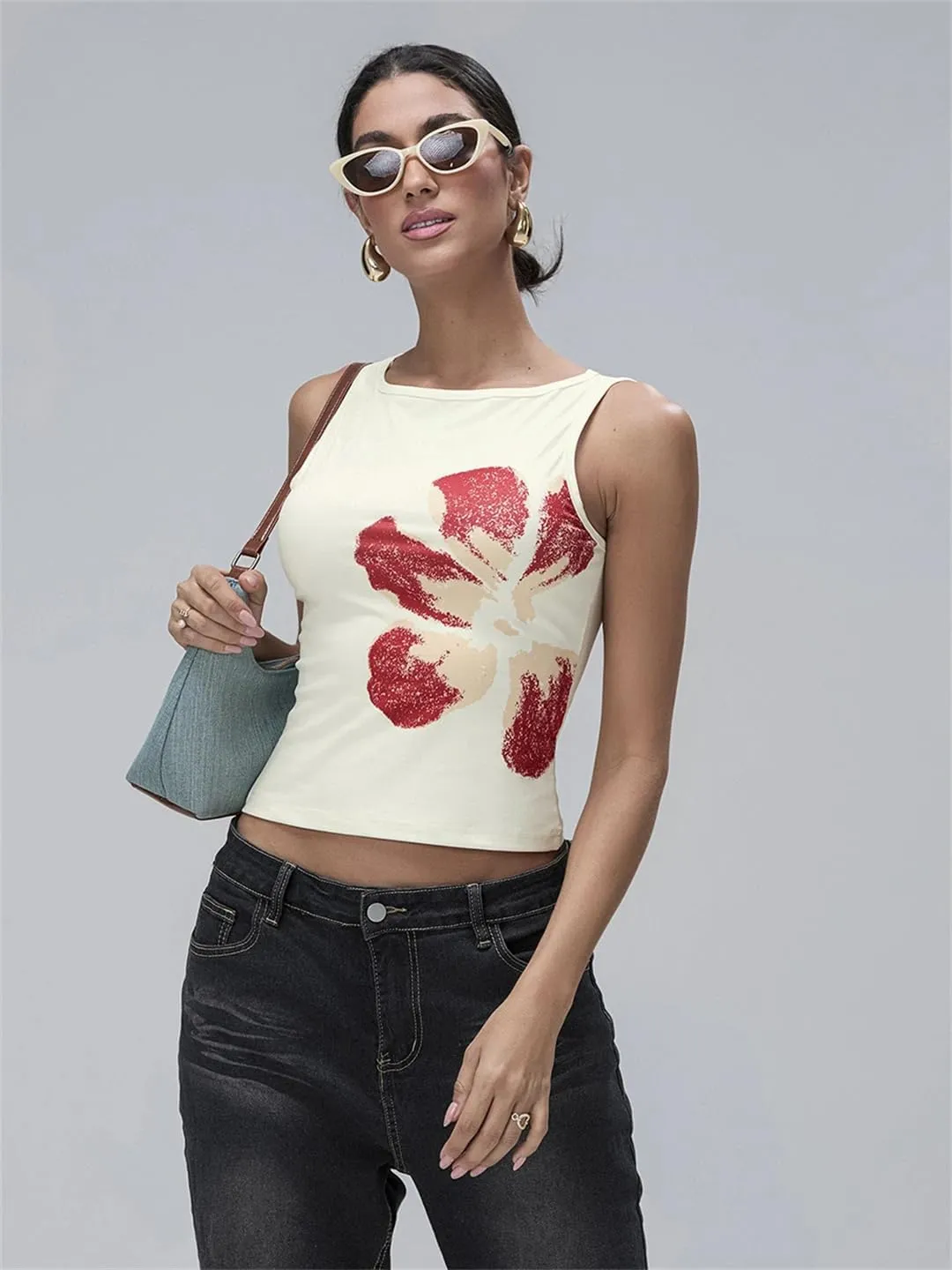 Women's Tank Tops Floral Print Boat Neck Sleeveless Vest Casual Cropped Tops Party Club