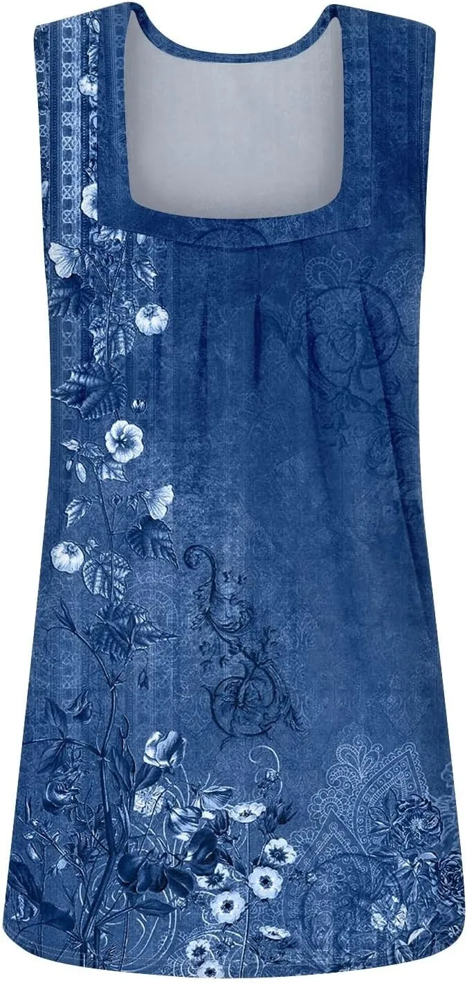 Womens Tank Tops Loose Fit Summer Casual Floral Print Pleated Square Neck Sleeveless Top Curved Hem Flowy Tanks